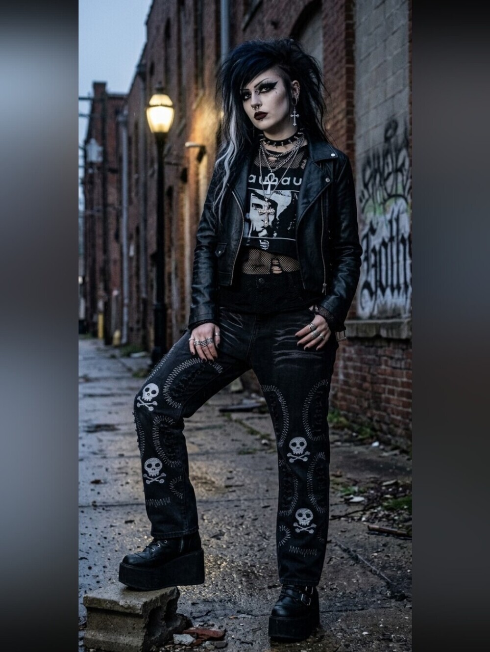 Goth Black Skull Patterned Jeans